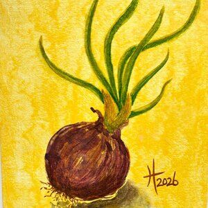 Sprouting Red Onion Original Art Watercolor Signed Painting 8x10in Canvas Panel